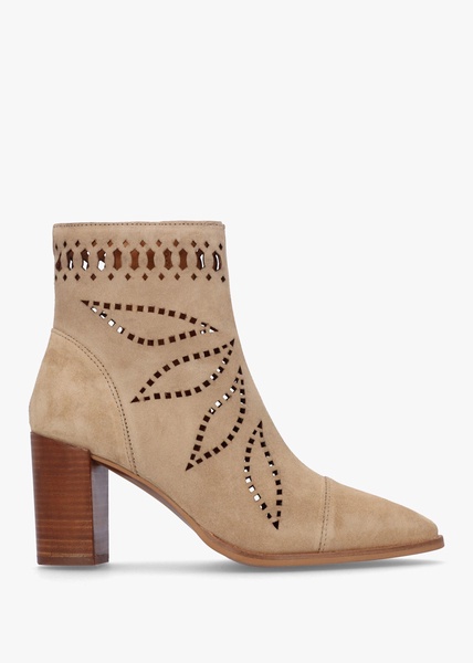 Ariana Beige Suede Laser Cut Block Heel Ankle Boots