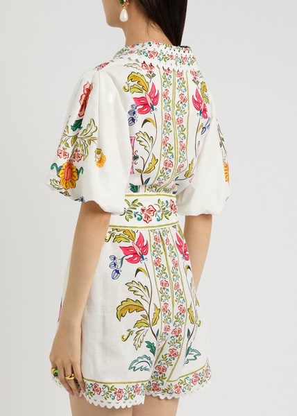 Floral Insects printed linen-blend playsuit