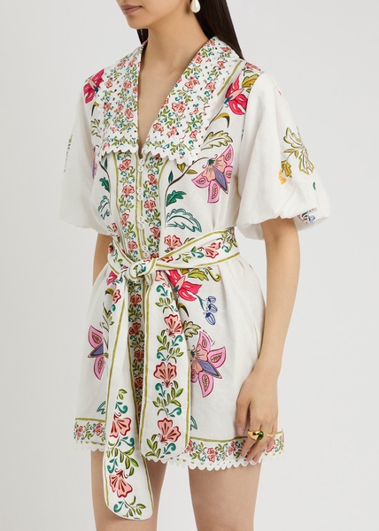 Floral Insects printed linen-blend playsuit