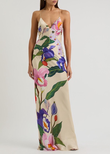 Olive floral-print satin maxi dress