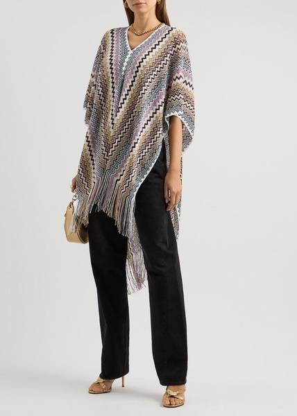 Zigzag-intarsia knitted poncho