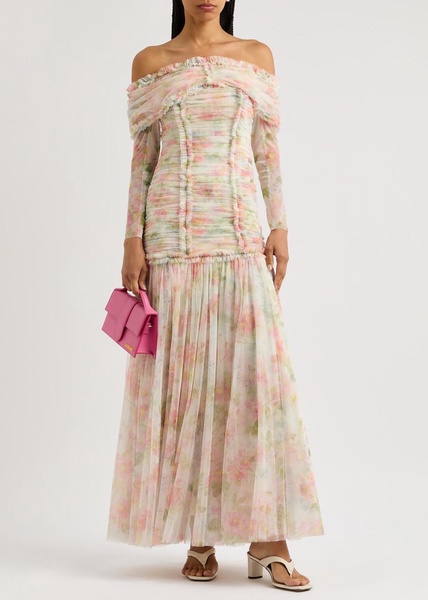 Immortal Rose printed off-the-shoulder chiffon gown