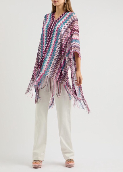 Zigzag-intarsia fine-knit poncho