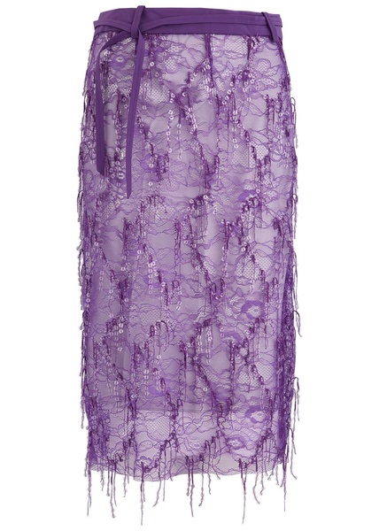 Sequin-embellished fringed lace midi skirt 