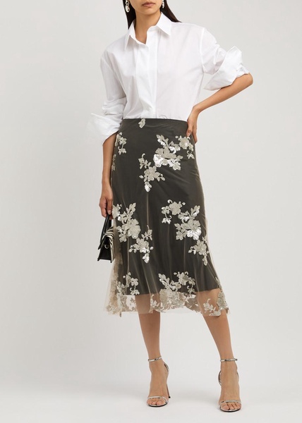 Floral sequin-embellished mesh midi skirt