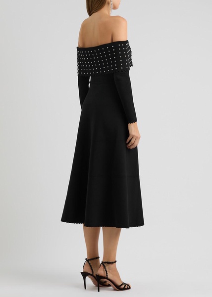 Crystal-embellished off-the-shoulder knitted midi dress