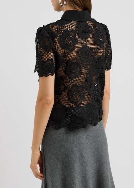 Floral-embellished sheer guipure lace shirt