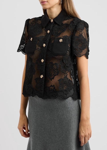 Floral-embellished sheer guipure lace shirt