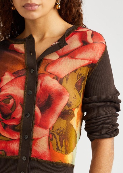 Roses printed tulle and knitted cardigan 