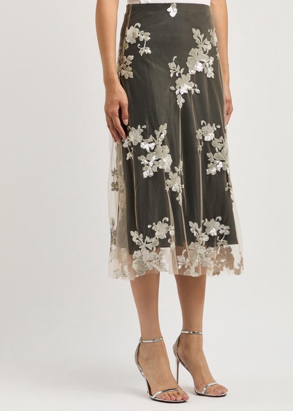 Floral sequin-embellished mesh midi skirt