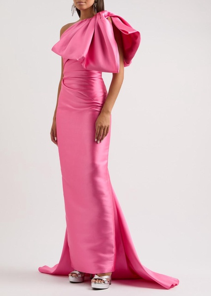 Priya bow-detail draped satin gown