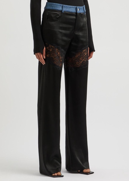 Lace-panelled denim and satin trousers 