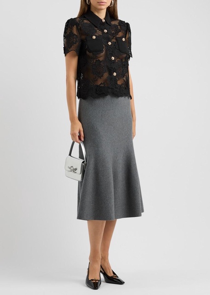 Floral-embellished sheer guipure lace shirt