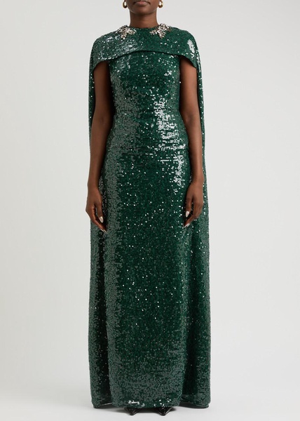 Sequin-embellished cape-effect chiffon gown