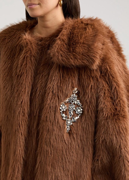 Bow-embellished faux fur coat 