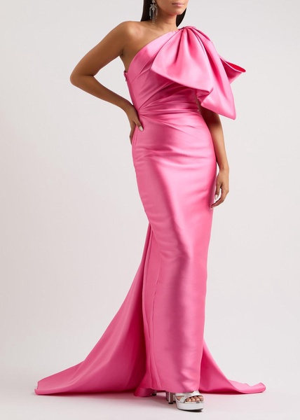 Priya bow-detail draped satin gown