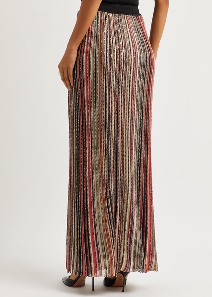 Striped embellished ribbed-knit maxi skirt 