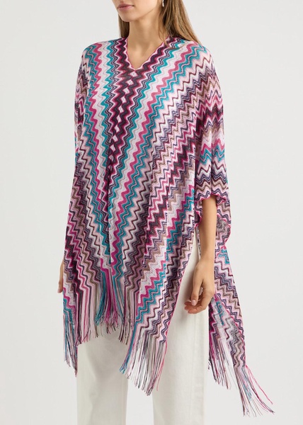 Zigzag-intarsia fine-knit poncho