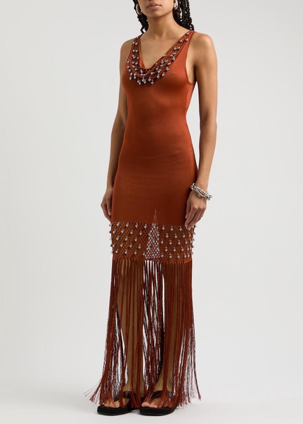 Bead-embellished fringed knitted maxi dress 