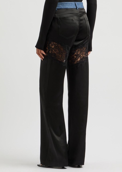 Lace-panelled denim and satin trousers 