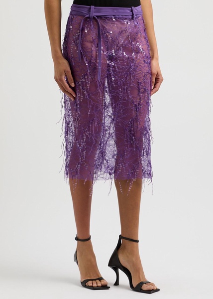 Sequin-embellished fringed lace midi skirt 