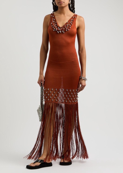 Bead-embellished fringed knitted maxi dress 