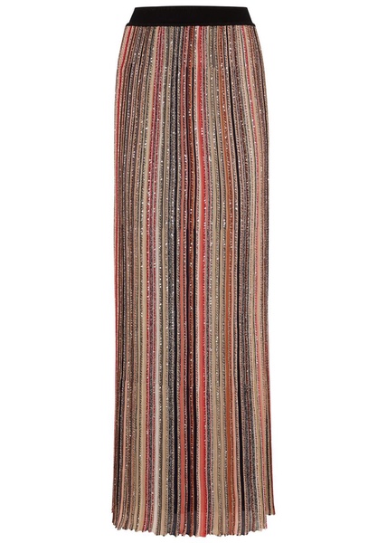 Striped embellished ribbed-knit maxi skirt 