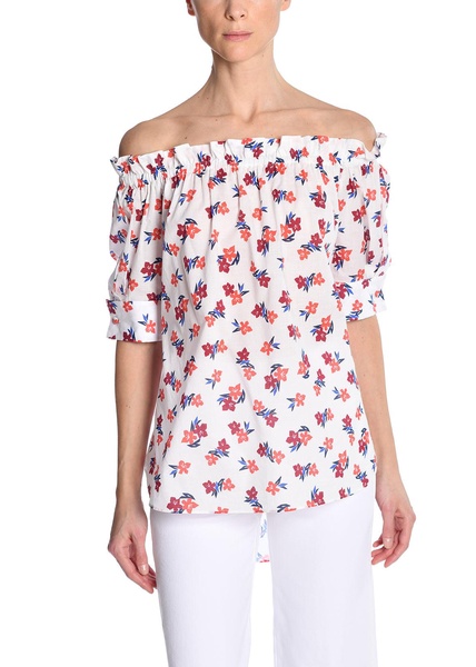 off the shoulder top in printed voile