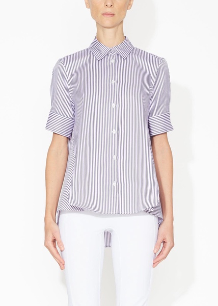 short sleeve trapeze top in striped poplin