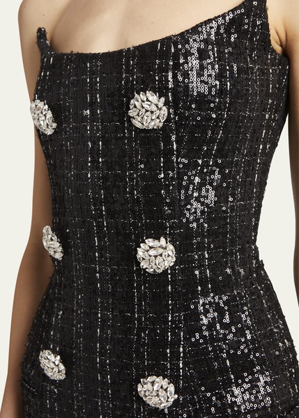 Sequined Strapless Dress with Jewel Double-Breast Buttons