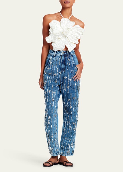 Hand-Beaded Rhinestone Straight-Leg Denim Jeans