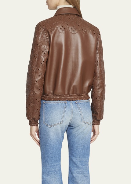 Leather Short Jacket with Cutout Eyelet Embroidery