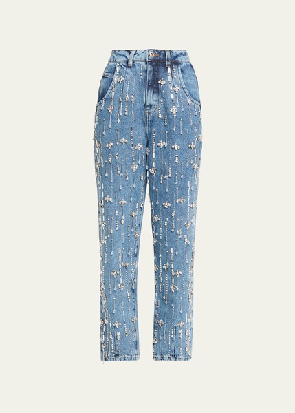 Hand-Beaded Rhinestone Straight-Leg Denim Jeans