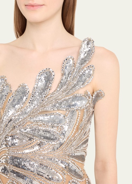 One-Shoulder Crystal Fern Embellished Column Gown