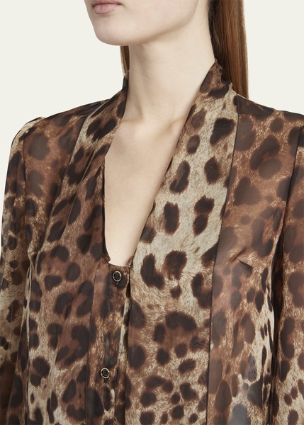 Leopard Print Tie-Neck Chiffon Blouse