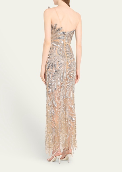 One-Shoulder Crystal Fern Embellished Column Gown