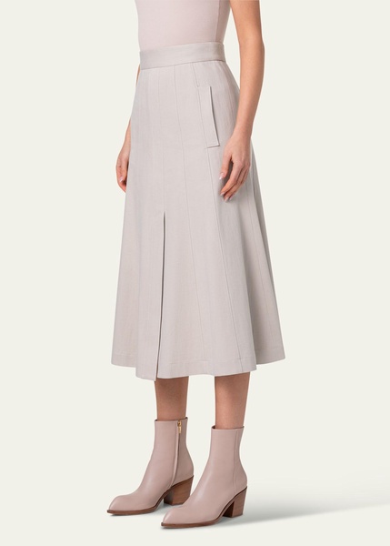 Cotton Denim Pleated Midi Skirt