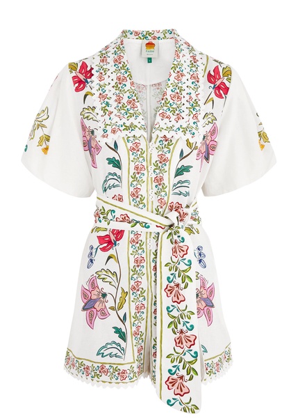 Floral Insects printed linen-blend playsuit