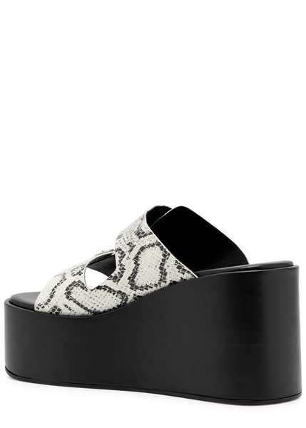 Python-effect leather platform wedge sliders 