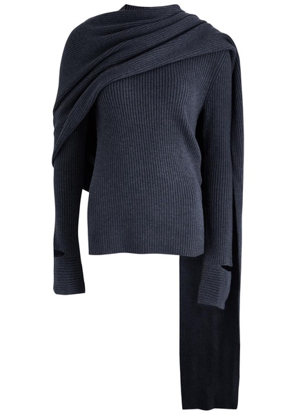 Draped ribbed wool-blend jumper