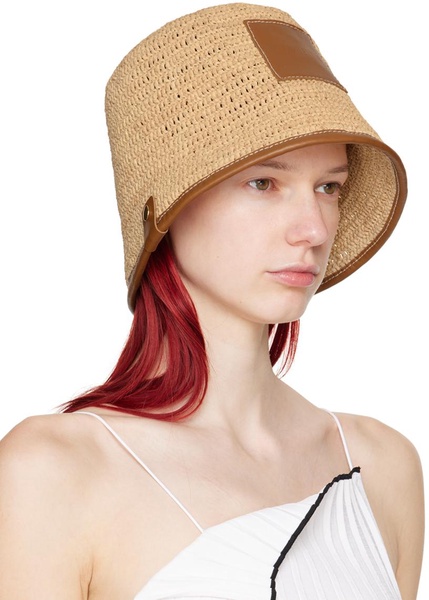 'Le Bob Soli' Beige Bucket Hat with Logo Patch in Raffia Woman