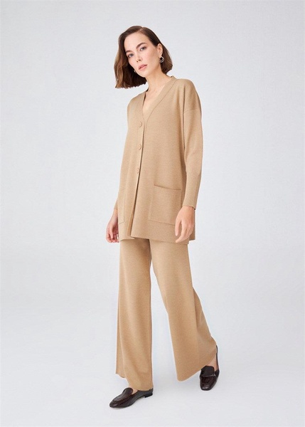 Nicola V-Neck Long Knit Cardigan - Camel Melange