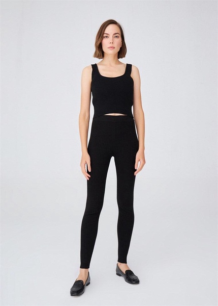 Rib Knitted High Waist Knitwear Leggings - Black