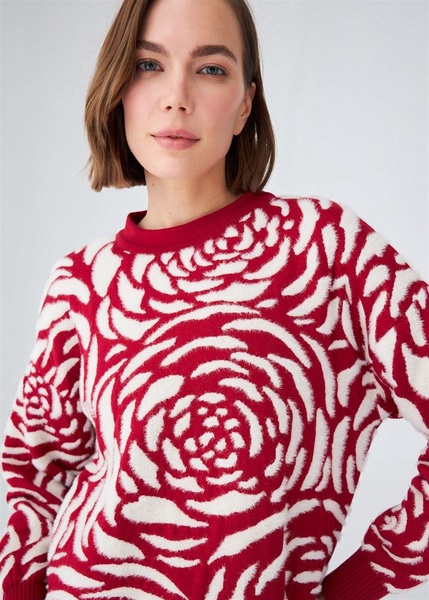 Rose Patterned Knitwear Fluffy Crew Neck Sweater  Red/Cream