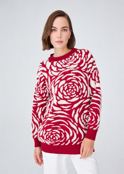 Rose Patterned Knitwear Fluffy Crew Neck Sweater  Red/Cream