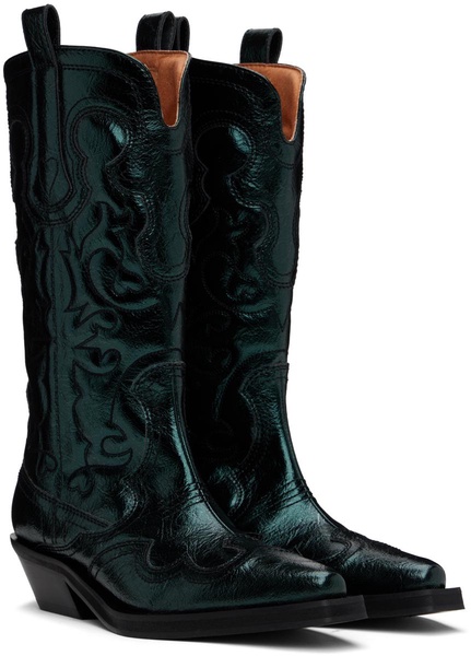 Green Metallic Mid Shaft Embroidered Western Boots