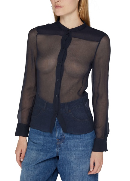 Fitted collarless silk crepe blouse