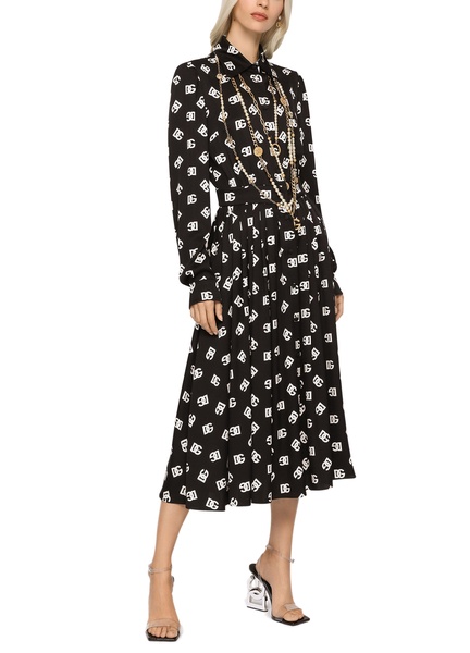 Charmeuse calf-length dress with all-over DG print