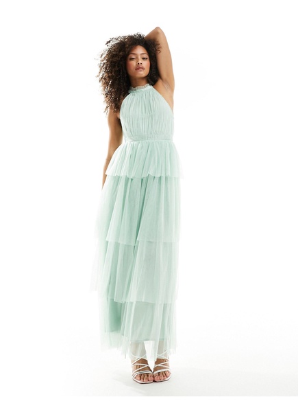 Vila Bridesmaid halterneck tulle maxi dress with tiered skirt in mint green