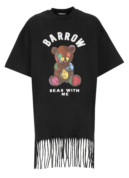 Barrow Logo-Flocked Crewneck Fringed T-Shirt